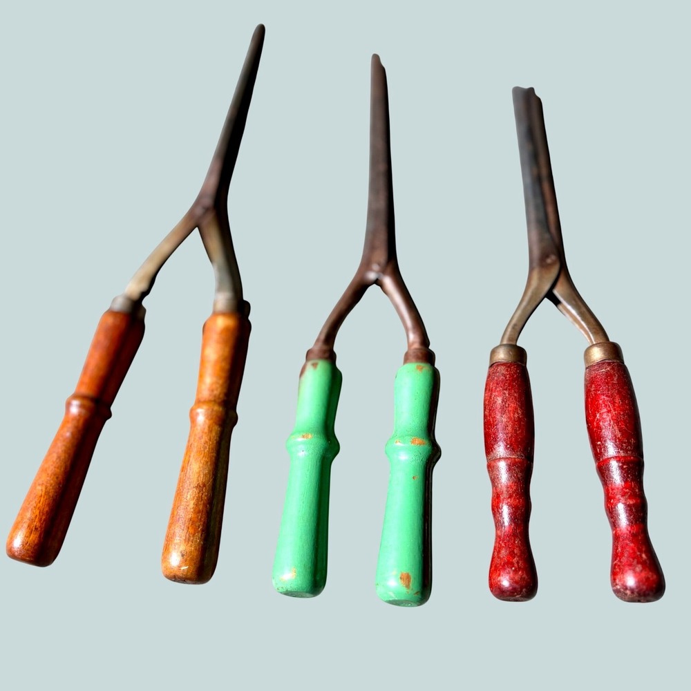 3pc Curling Iron Set Antique Wood Handle Primitive Hair Tools Vintage  Stove